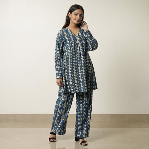 Blue - indigo hand printed cotton co-ord set 08