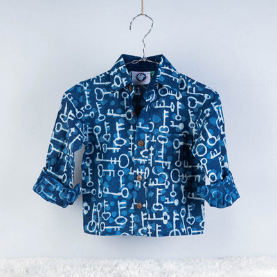 Blue Indigo Block Printed Cotton Full-Sleeve Kids Shirt