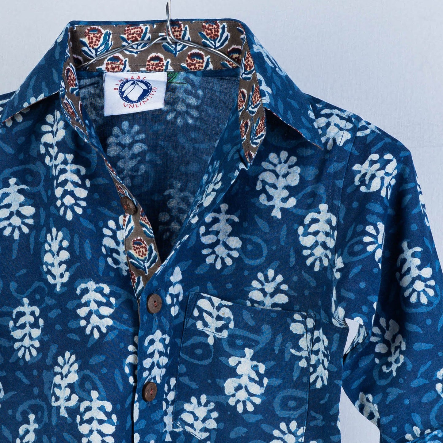 Blue Indigo Block Printed Cotton Full-Sleeve Kids Shirt