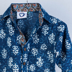 Blue Indigo Block Printed Cotton Full-Sleeve Kids Shirt