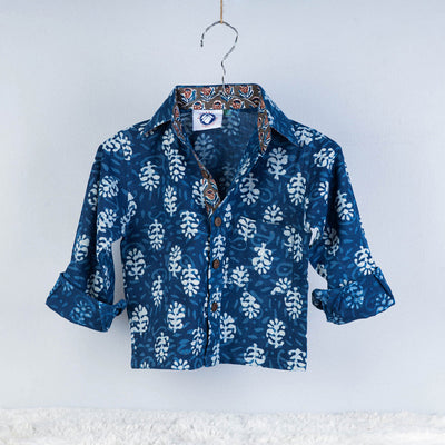 Blue Indigo Block Printed Cotton Full-Sleeve Kids Shirt