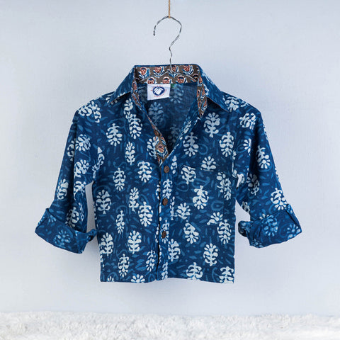 Blue Indigo Block Printed Cotton Full-Sleeve Kids Shirt