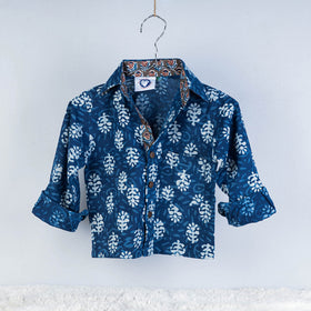 Blue Indigo Block Printed Cotton Full-Sleeve Kids Shirt