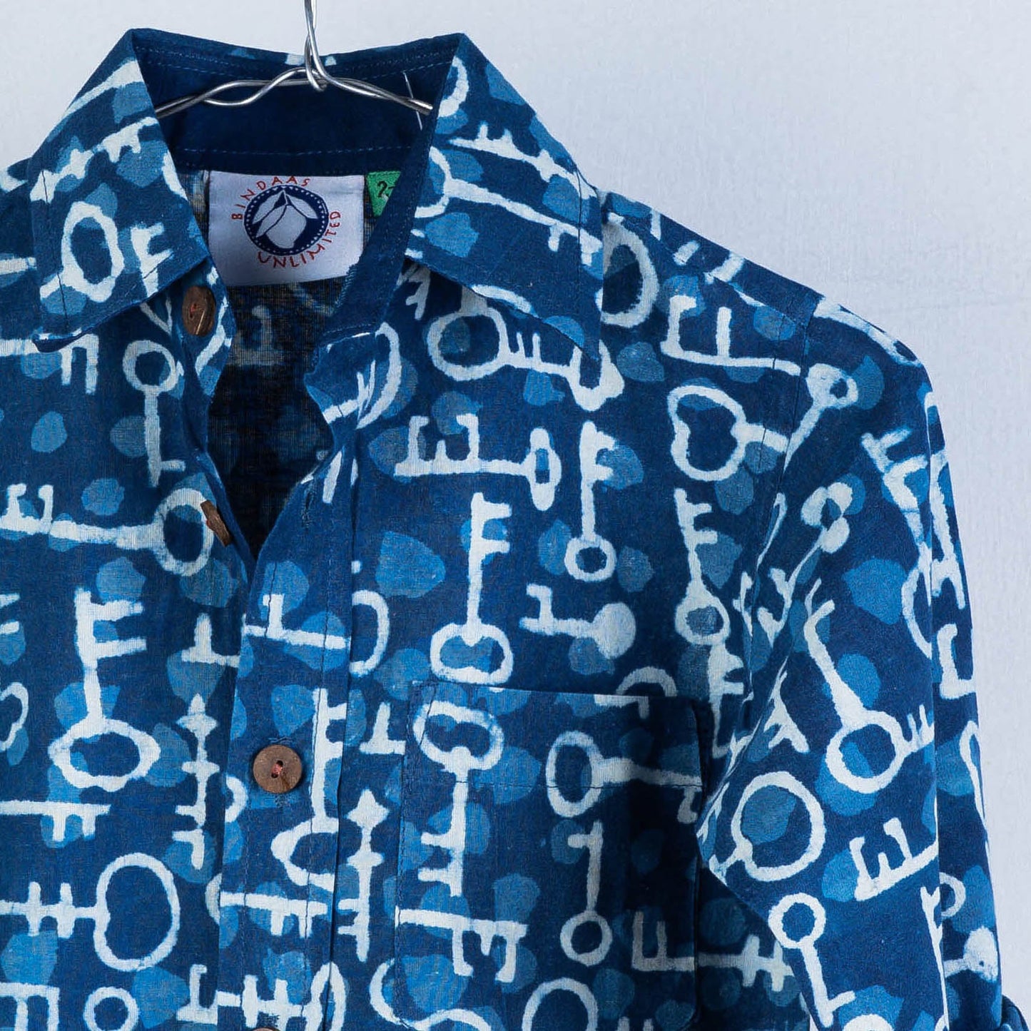 Blue Indigo Block Printed Cotton Full-Sleeve Kids Shirt