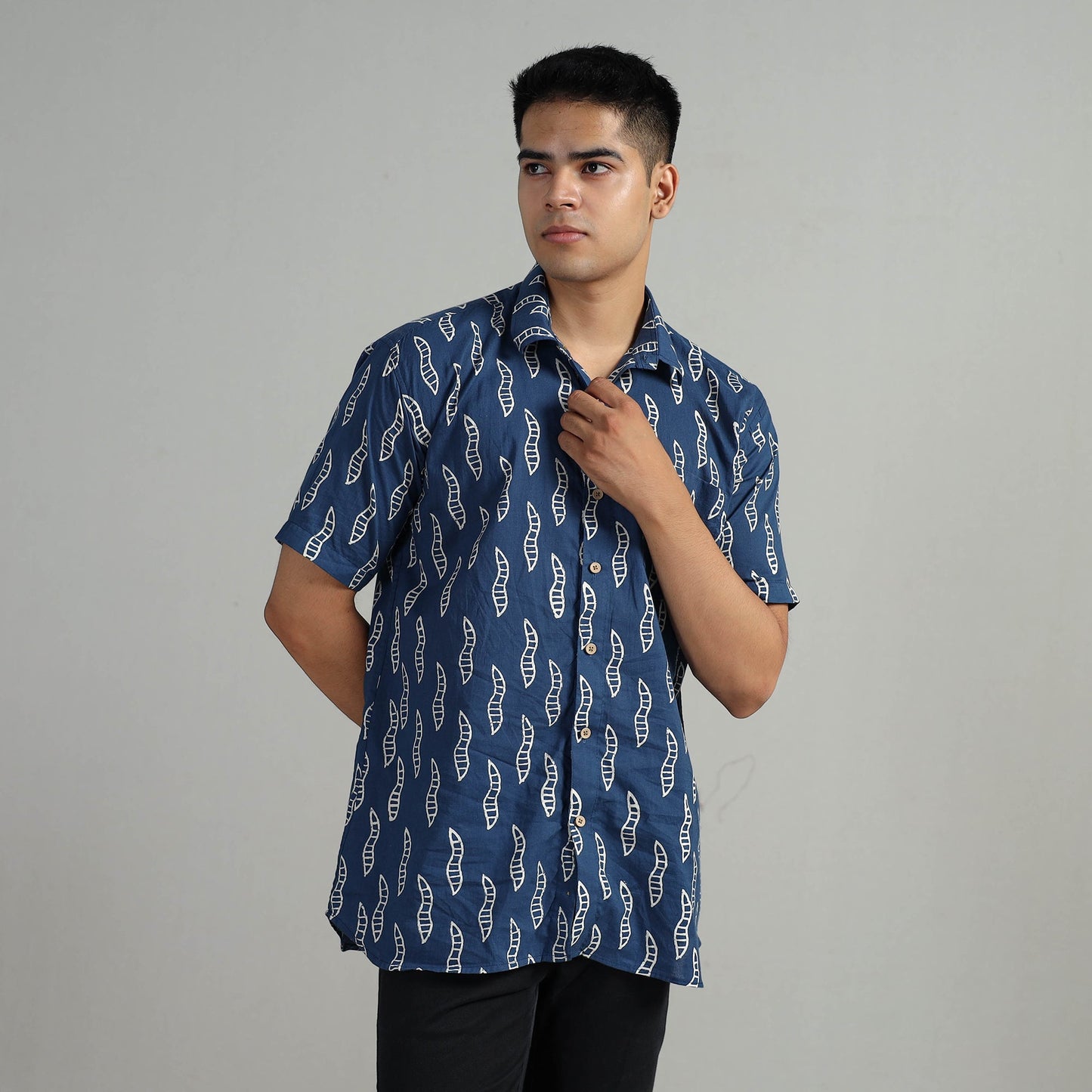 Blue Indigo Block Printed Cotton Men Half Sleeve Shirt