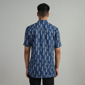 Blue Indigo Block Printed Cotton Men Half Sleeve Shirt