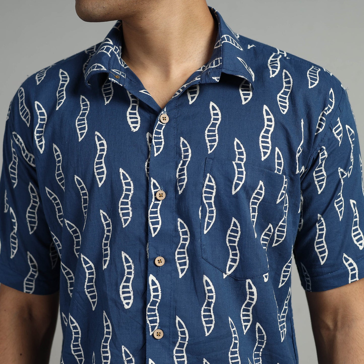 Blue Indigo Block Printed Cotton Men Half Sleeve Shirt