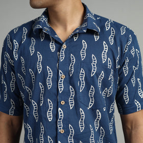 Blue Indigo Block Printed Cotton Men Half Sleeve Shirt