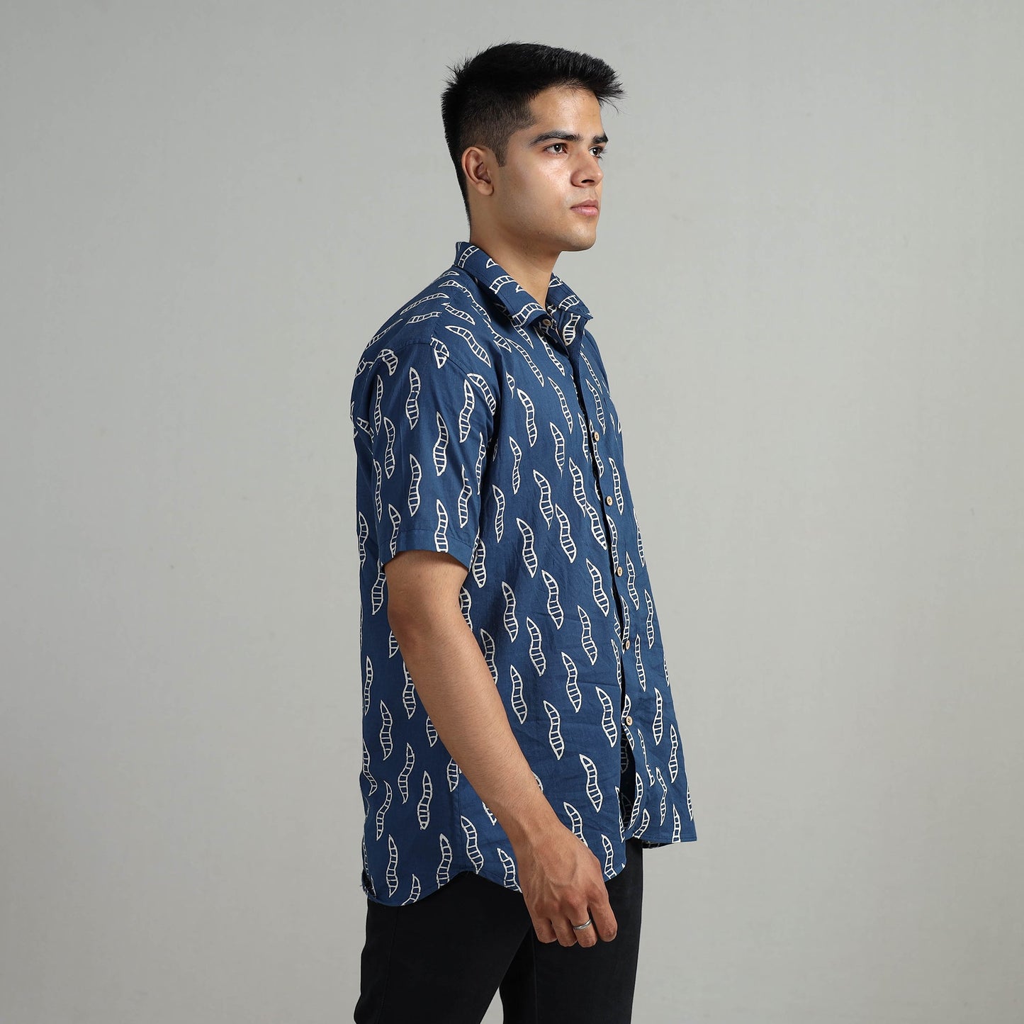 Blue Indigo Block Printed Cotton Men Half Sleeve Shirt