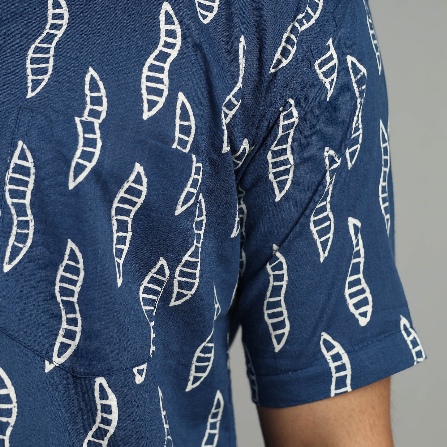 Blue Indigo Block Printed Cotton Men Half Sleeve Shirt