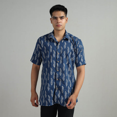 Blue Indigo Block Printed Cotton Men Half Sleeve Shirt