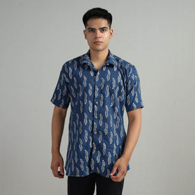 Blue Indigo Block Printed Cotton Men Half Sleeve Shirt