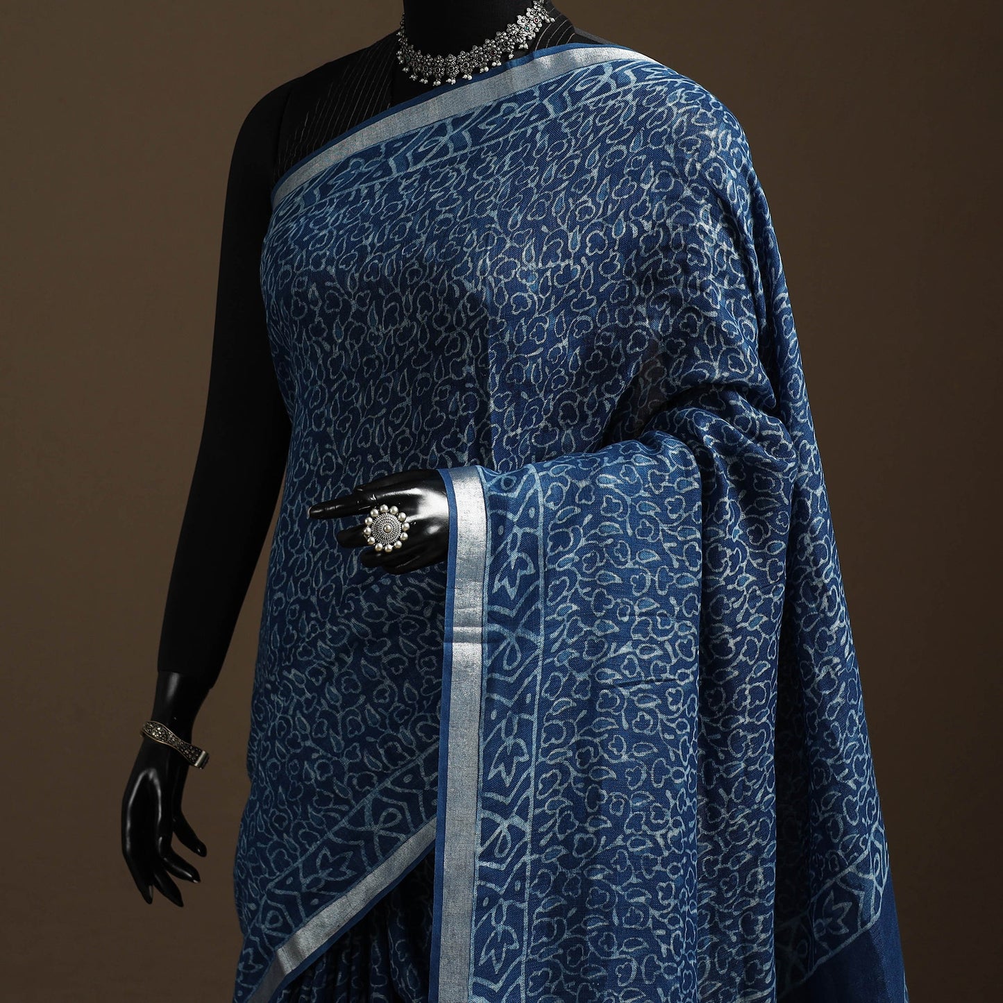 Blue - indigo - printed linen handloom sanganeri saree