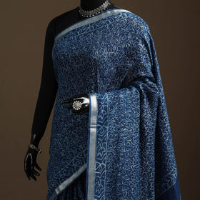 Blue - indigo - printed linen handloom sanganeri saree