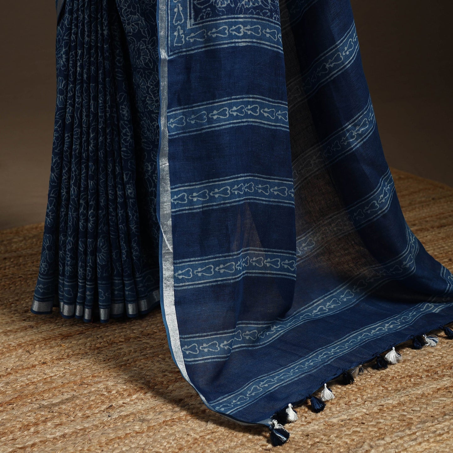 Blue - indigo - printed linen handloom sanganeri saree