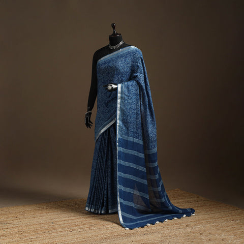 Blue - indigo - printed linen handloom sanganeri saree