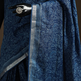 Blue - indigo - printed linen handloom sanganeri saree