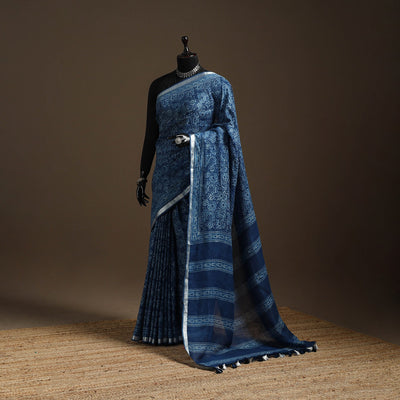 Blue - indigo - printed linen handloom sanganeri saree
