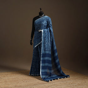 Blue - indigo - printed linen handloom sanganeri saree