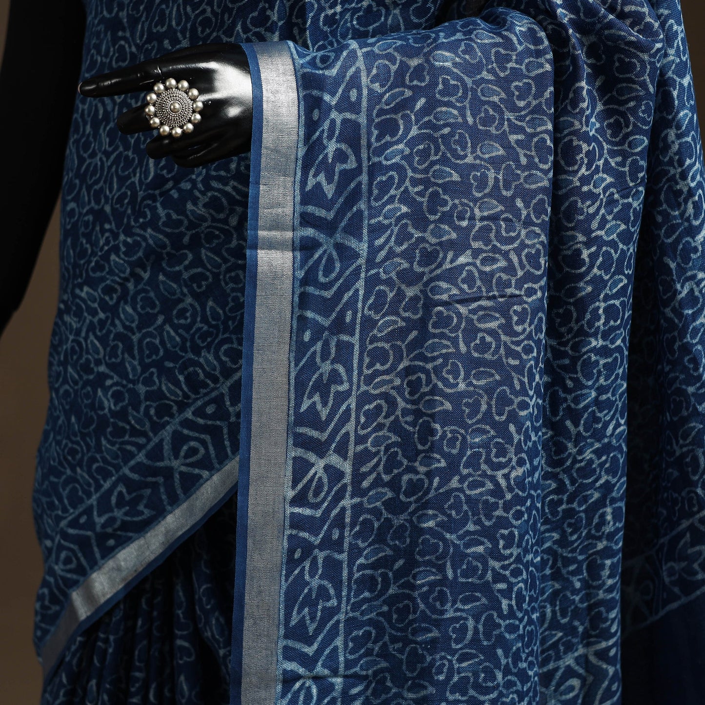 Blue - indigo - printed linen handloom sanganeri saree