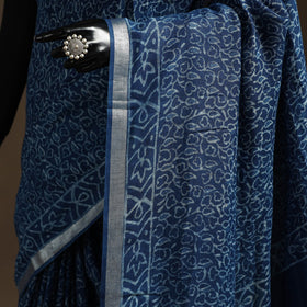 Blue - indigo - printed linen handloom sanganeri saree