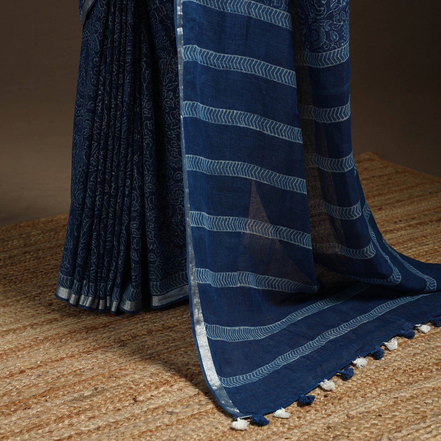 Blue - indigo - printed linen handloom sanganeri saree