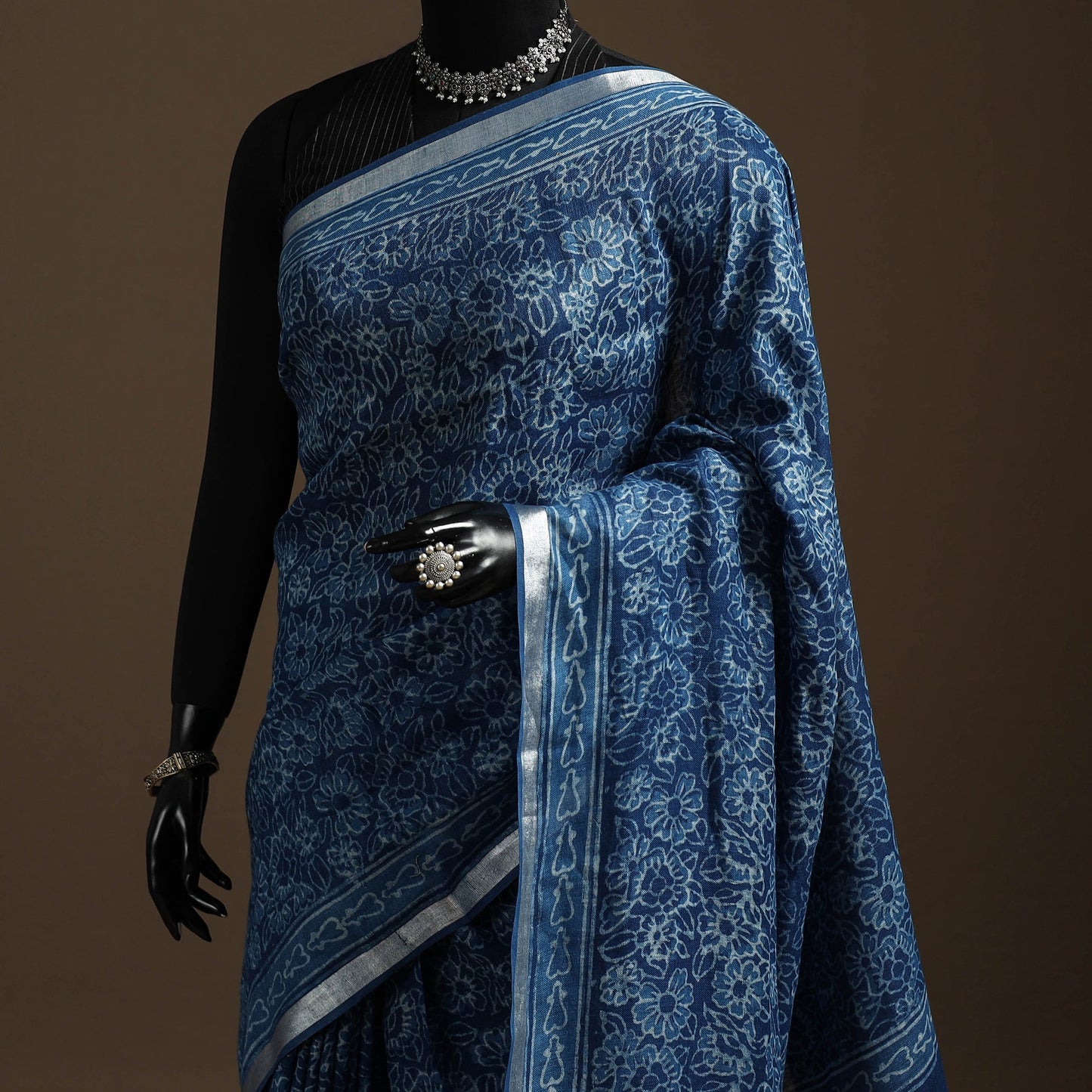 Blue - indigo - printed linen handloom sanganeri saree