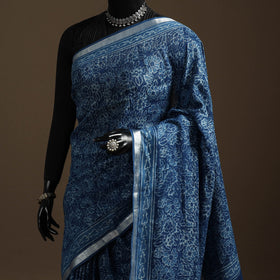 Blue - indigo - printed linen handloom sanganeri saree