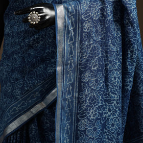 Blue - indigo - printed linen handloom sanganeri saree