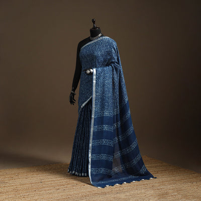 Blue - indigo - printed linen handloom sanganeri saree