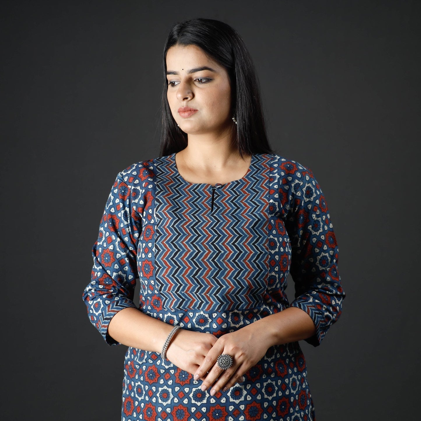 Indigo Red Ajrakh Block Printing Cotton Long Kurta