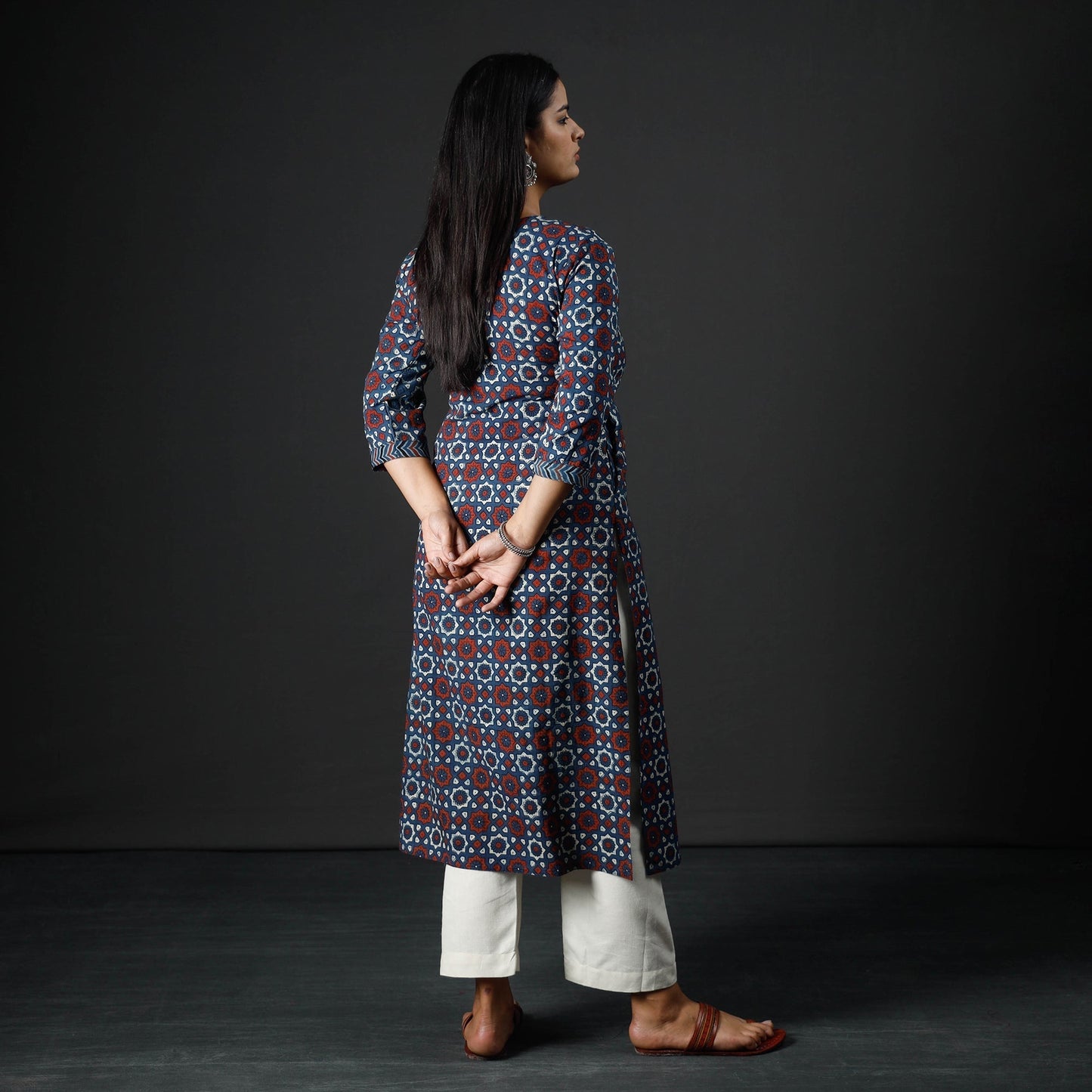 Indigo Red Ajrakh Block Printing Cotton Long Kurta
