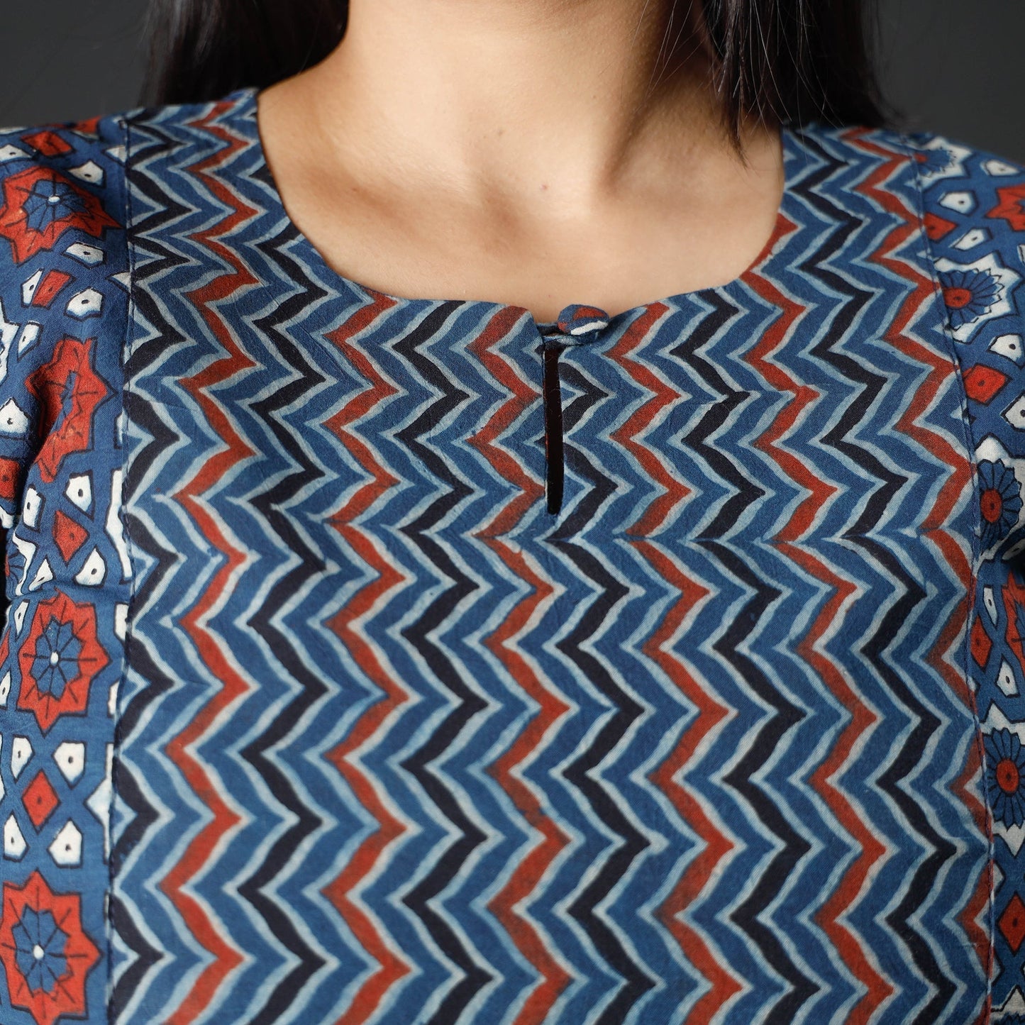 Indigo Red Ajrakh Block Printing Cotton Long Kurta