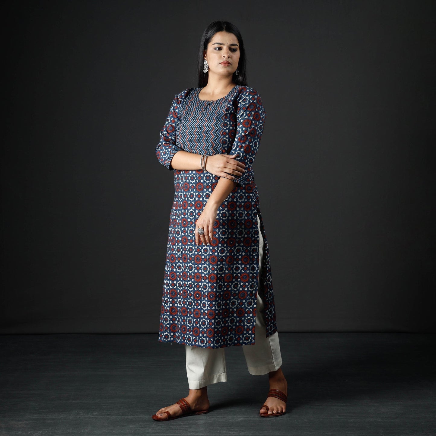 Indigo Red Ajrakh Block Printing Cotton Long Kurta