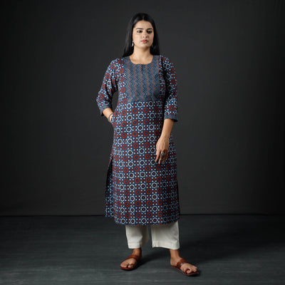Indigo Red Ajrakh Block Printing Cotton Long Kurta