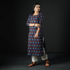 Blue - Indigo Red - Ajrakh Block Printing Cotton Long Straight Kurta