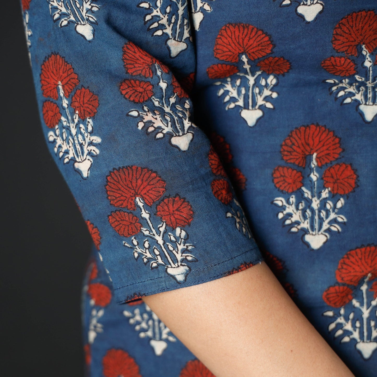Blue - Indigo Red - Ajrakh Block Printing Cotton Long Straight Kurta