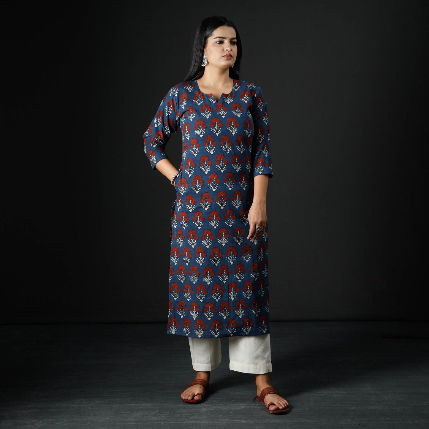 Blue - Indigo Red - Ajrakh Block Printing Cotton Long Straight Kurta