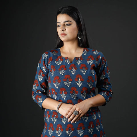 Blue - Indigo Red - Ajrakh Block Printing Cotton Long Straight Kurta