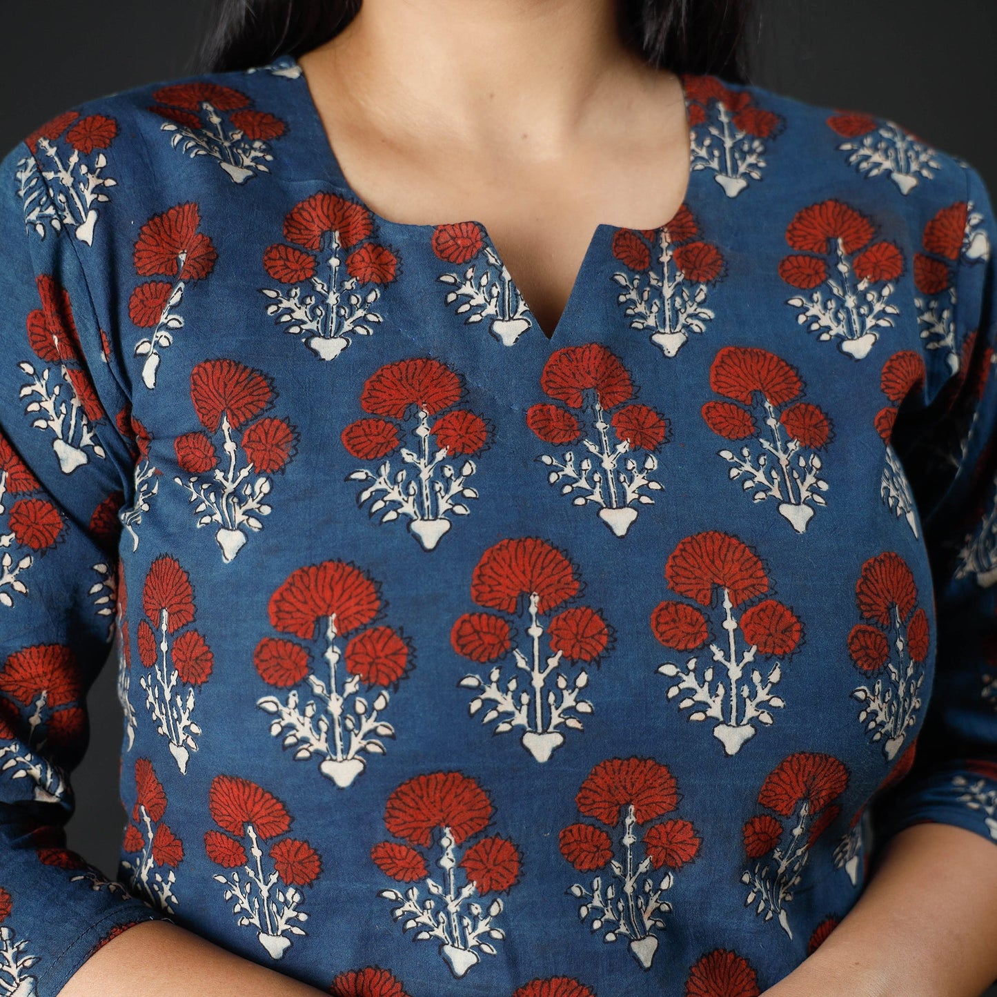 Blue - Indigo Red - Ajrakh Block Printing Cotton Long Straight Kurta