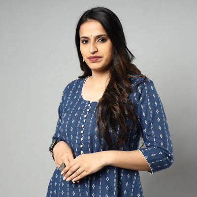 Blue Jacquard Cotton Long Kurta