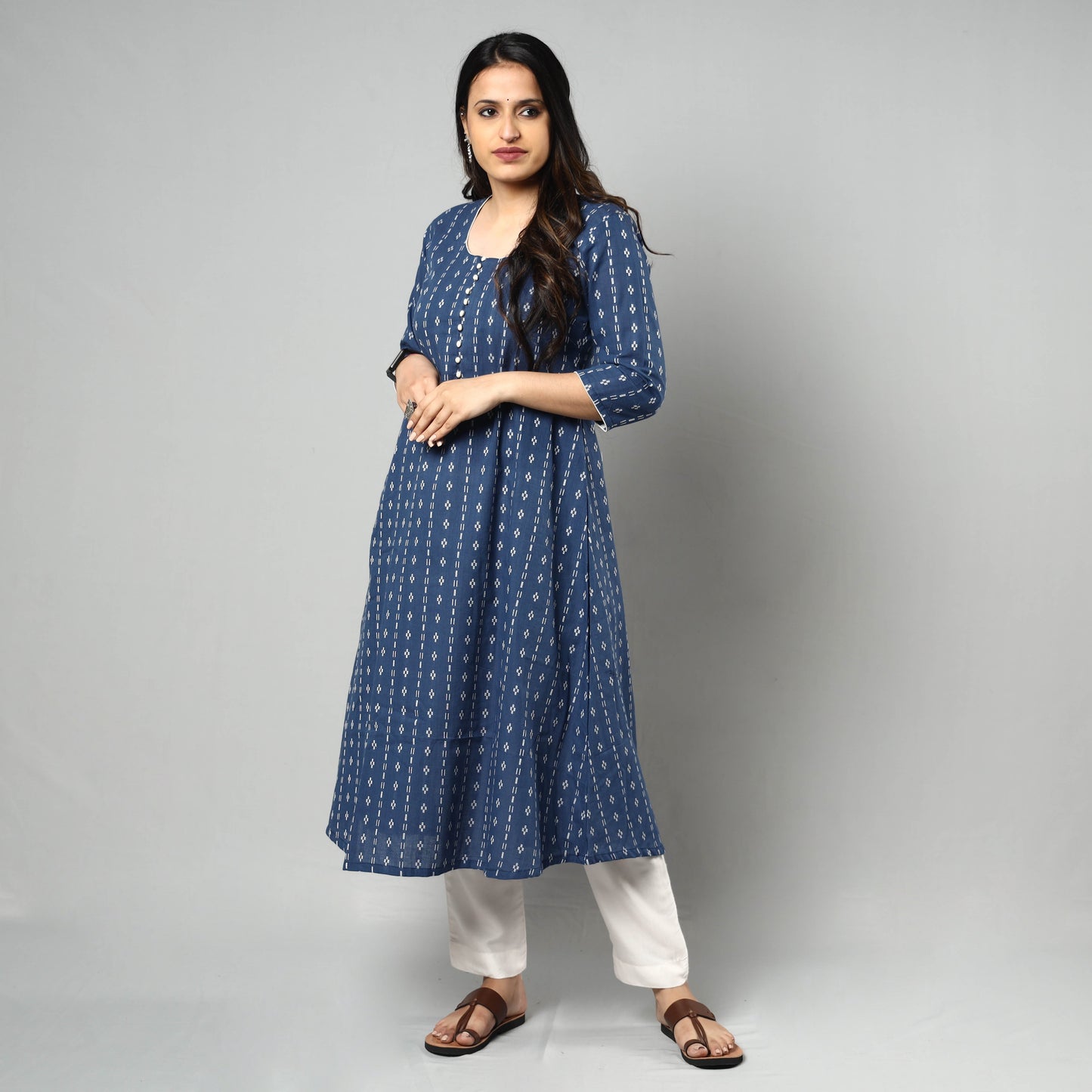 Blue Jacquard Cotton Long Kurta