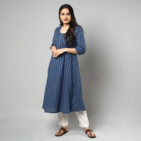 Blue Jacquard Cotton Long Kurta