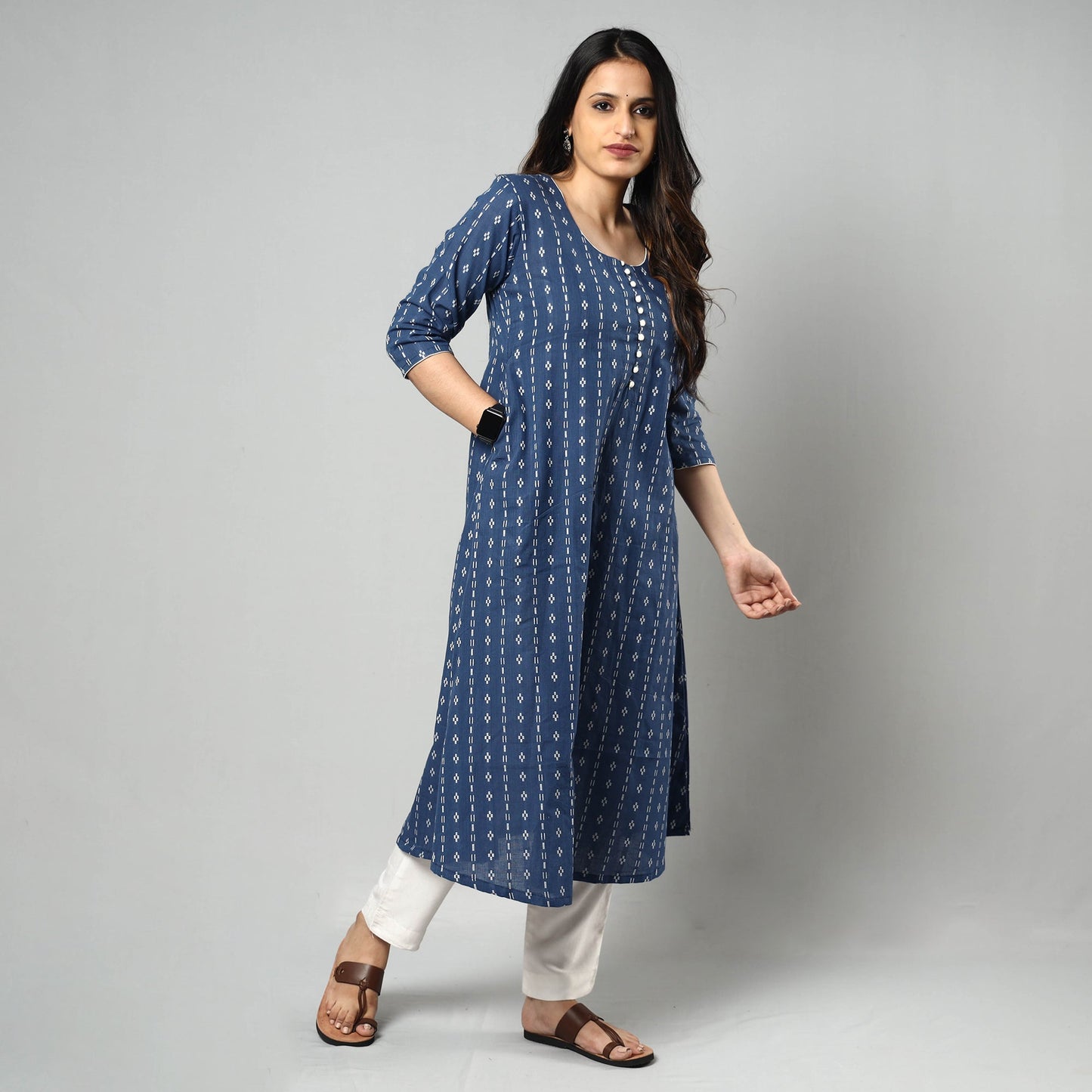 Blue Jacquard Cotton Long Kurta