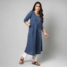 Blue Jacquard Cotton Long Kurta
