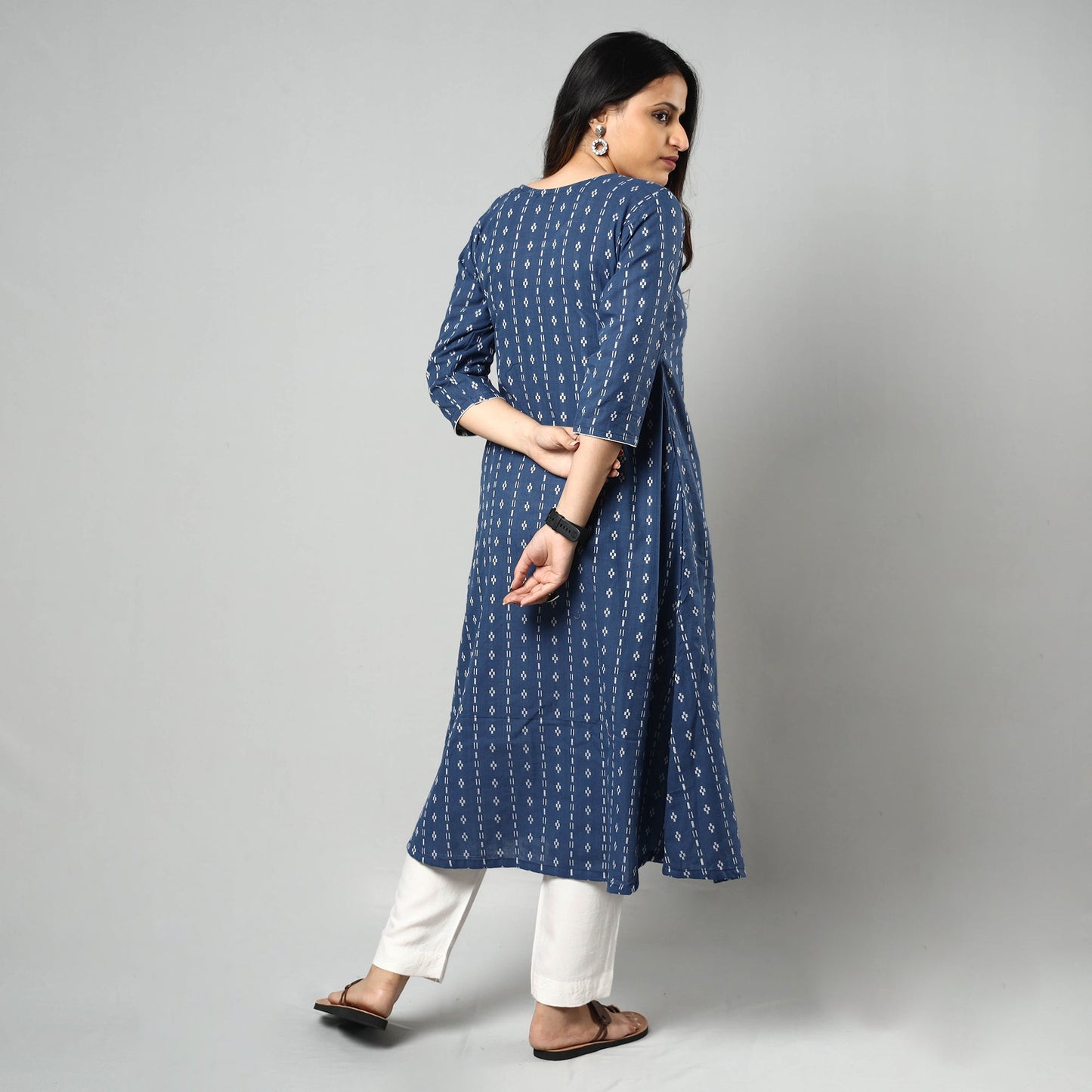 Blue Jacquard Cotton Long Kurta