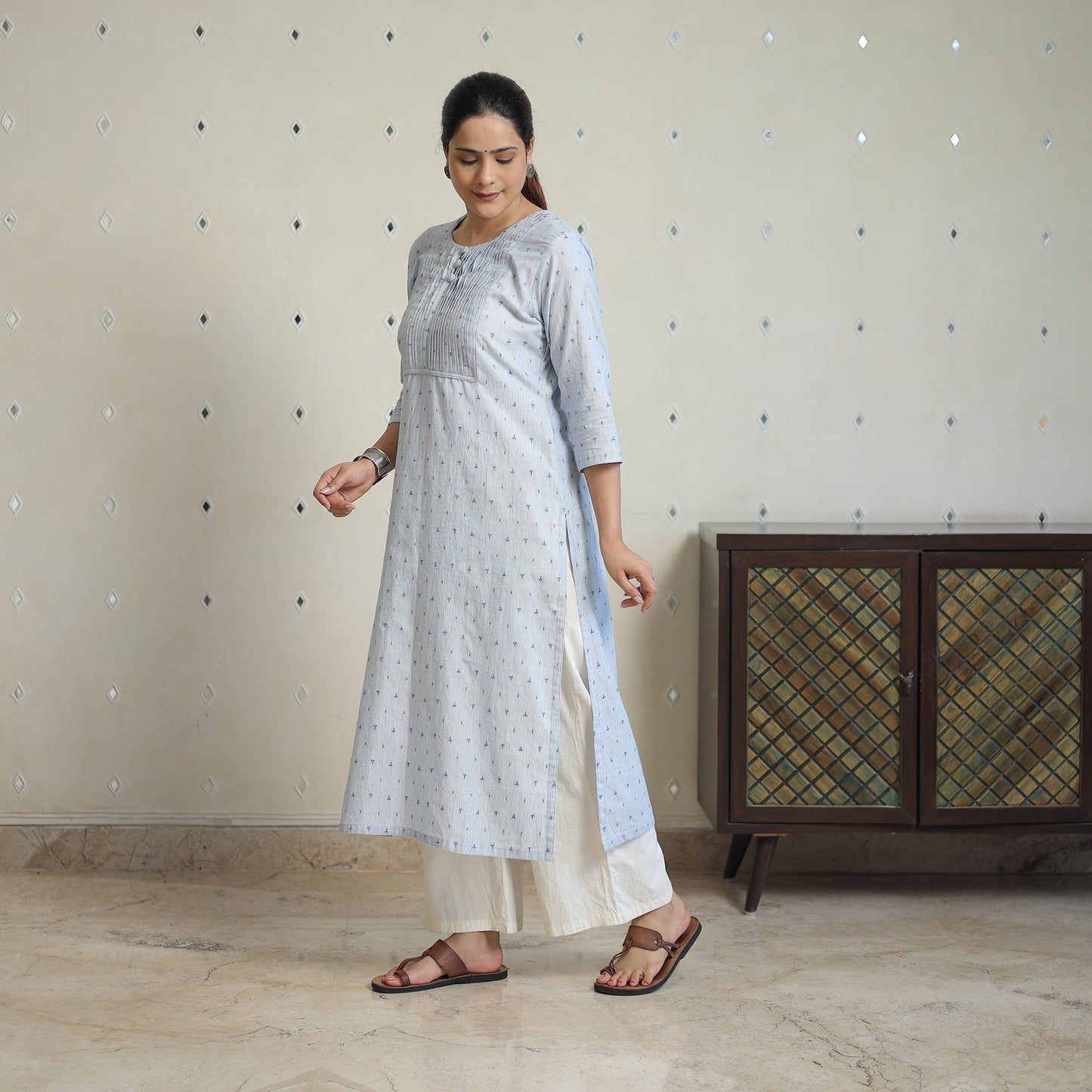 Blue - Jacquard Cotton Pintuck Straight Kurta 25