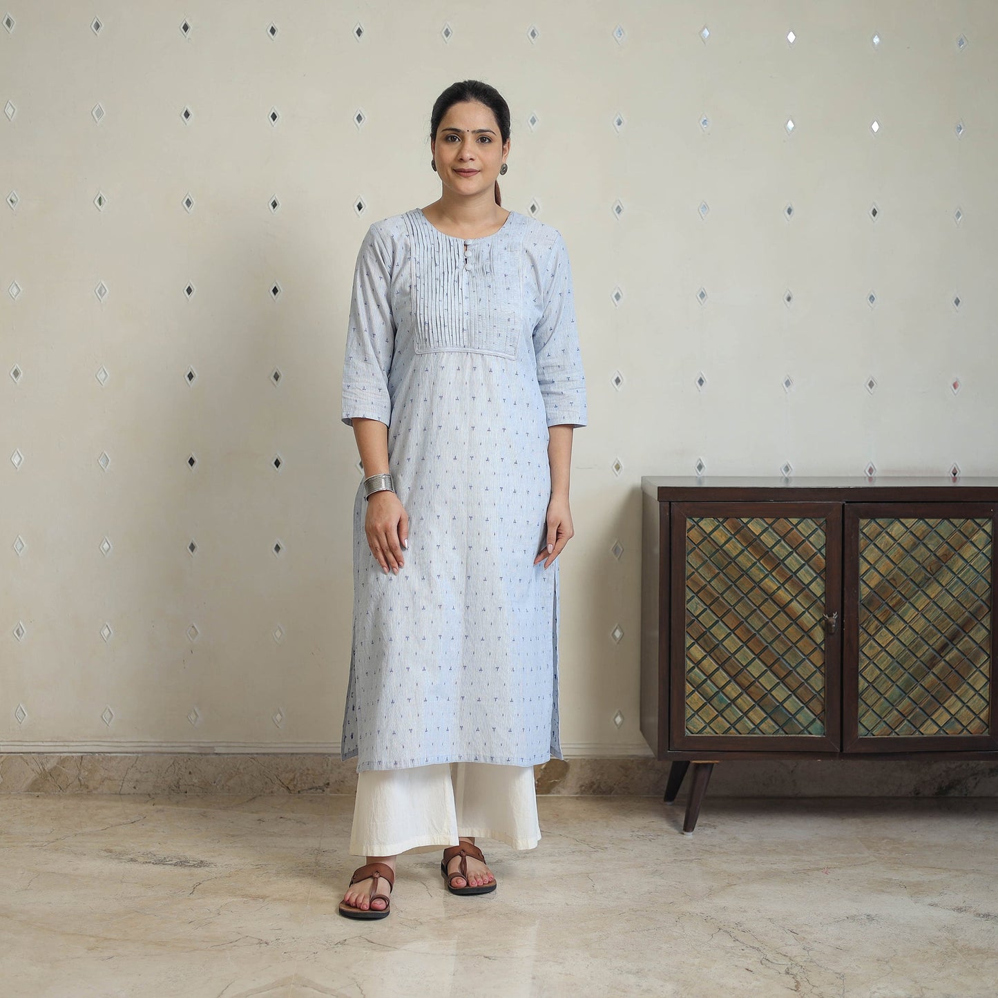 Blue - Jacquard Cotton Pintuck Straight Kurta 25