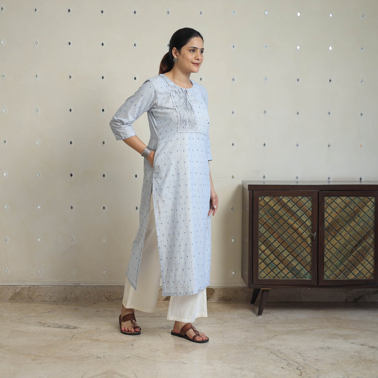 Blue - Jacquard Cotton Pintuck Straight Kurta 25