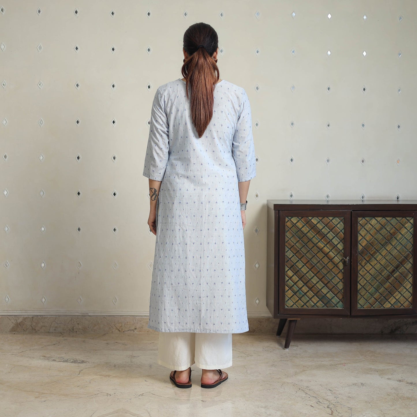 Blue - Jacquard Cotton Pintuck Straight Kurta 25